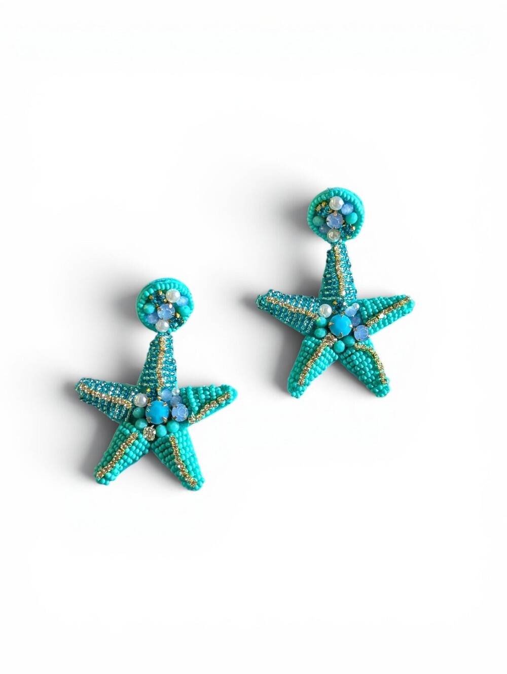 Starfish Turquoise Beaded Dangle Earrings Boho Ocean Beach Sea Summer Vacation - Picture 2 of 6